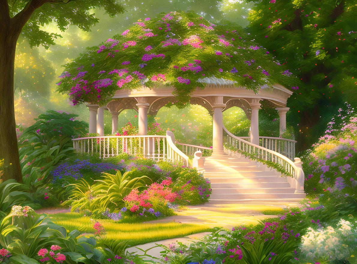 Tranquil garden gazebo with lush greenery and vibrant flowers