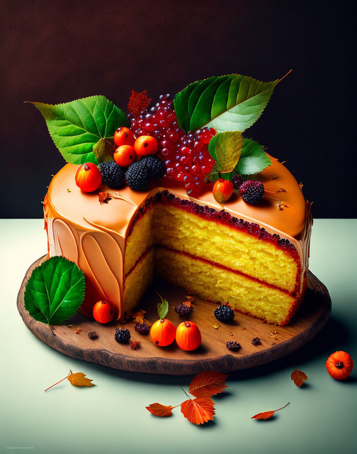 Sponge Cake Slice with Caramel Icing and Autumn Decorations