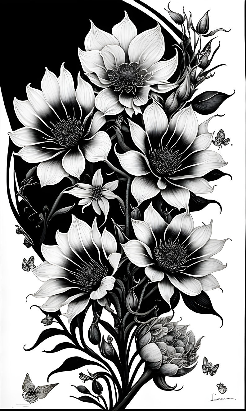 Detailed monochromatic illustration of blooming flowers and butterflies