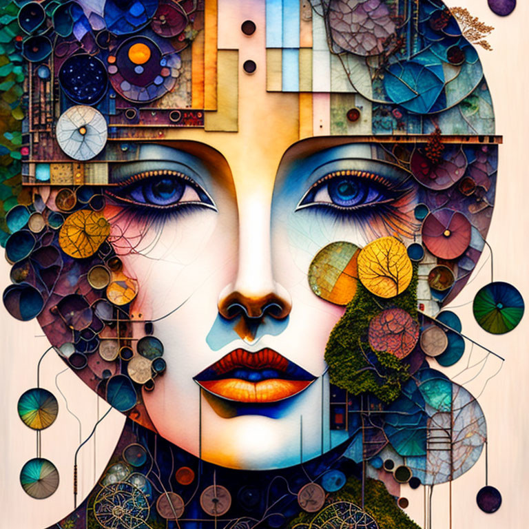 Geometric mosaic portrait of a woman's face in vibrant colors