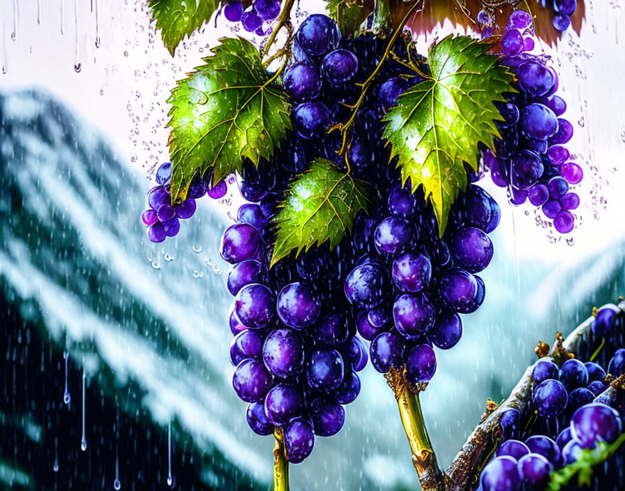 Ripe purple grapes with water droplets and mountains in background