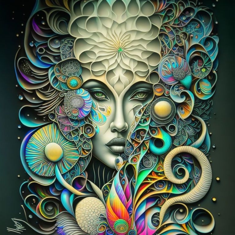 Colorful Stylized Woman's Face with Abstract Floral and Peacock Feather Patterns