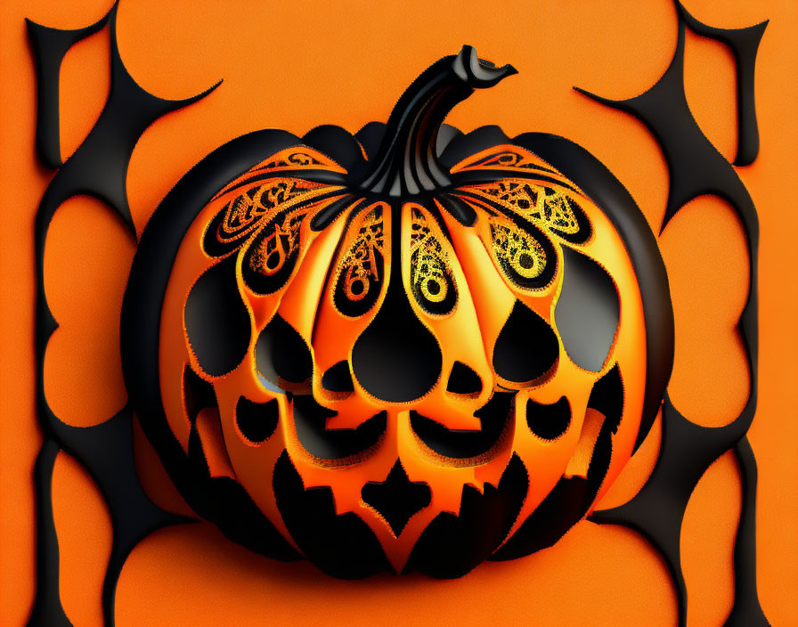 Intricate orange and black pumpkin with bat wing silhouettes on orange backdrop