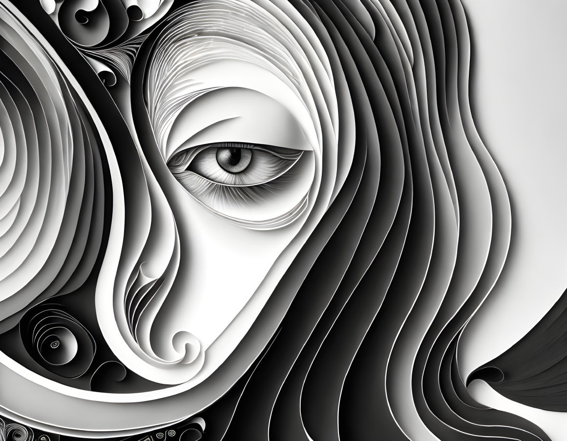 Abstract black and white image of stylized eye with flowing lines and swirl patterns