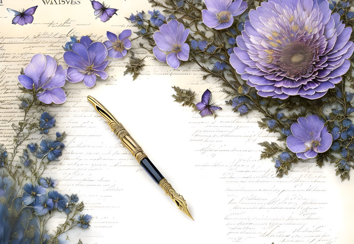 Vintage-style Fountain Pen with Cursive Writing and Purple Flowers