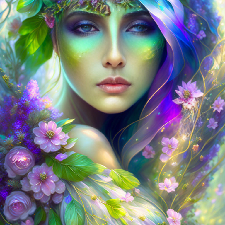 Ethereal female figure with vibrant floral surroundings