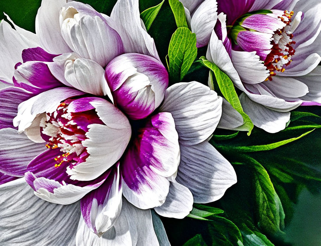 Purple and White Peony Flowers with Green Leaves and Golden Stamens