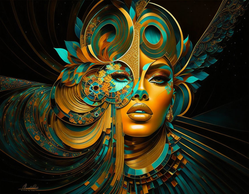 Vibrant digital art: stylized woman's face with intricate golden patterns