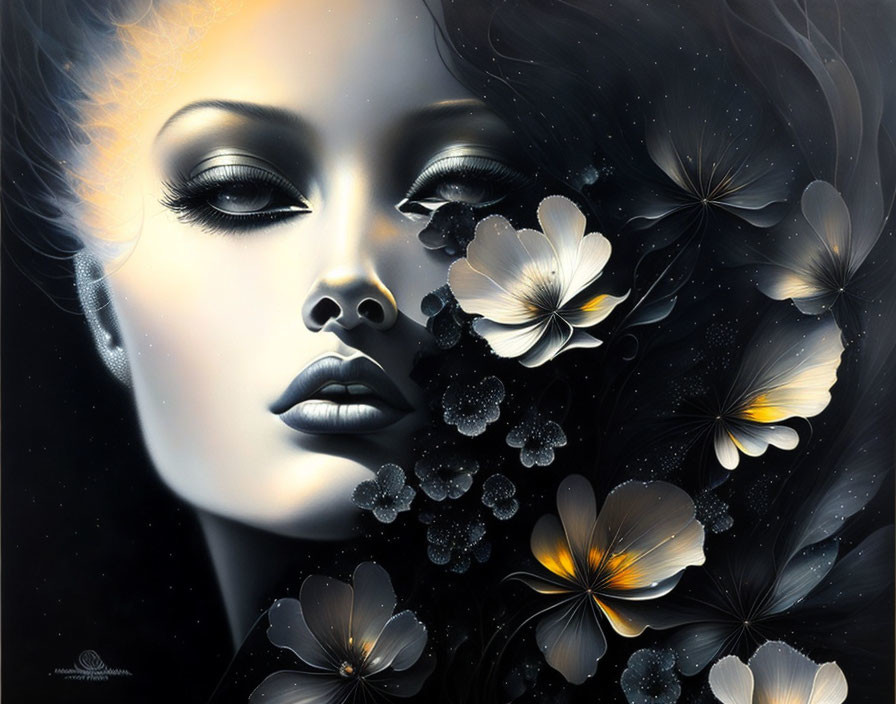 Woman's face merges with flowers and butterflies in cosmic setting