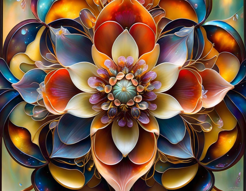 Symmetrical floral digital artwork with glossy petals in warm oranges, cool blues, and purples.