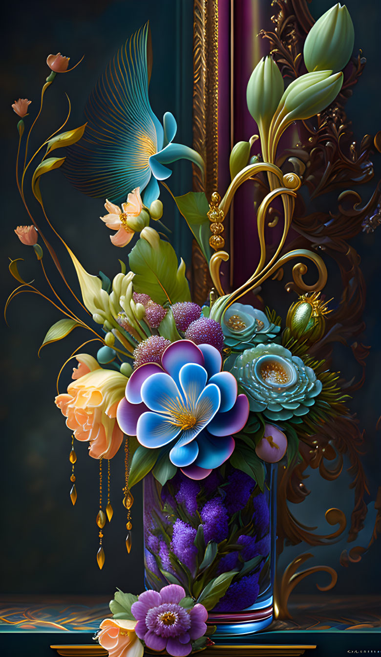 Colorful digital artwork: Vibrant floral arrangement in clear vase on dark backdrop