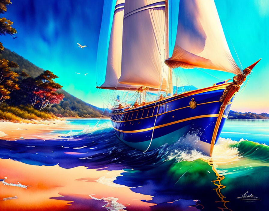 Vibrant illustration of sailing ship on turquoise waves near tropical shore