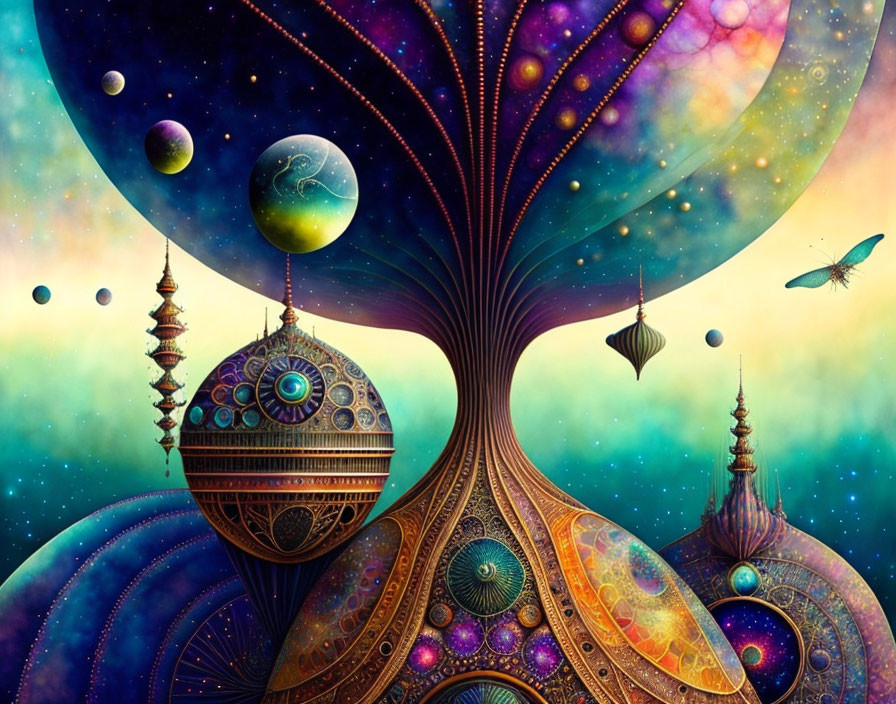 Colorful psychedelic tree with cosmic patterns and celestial bodies.