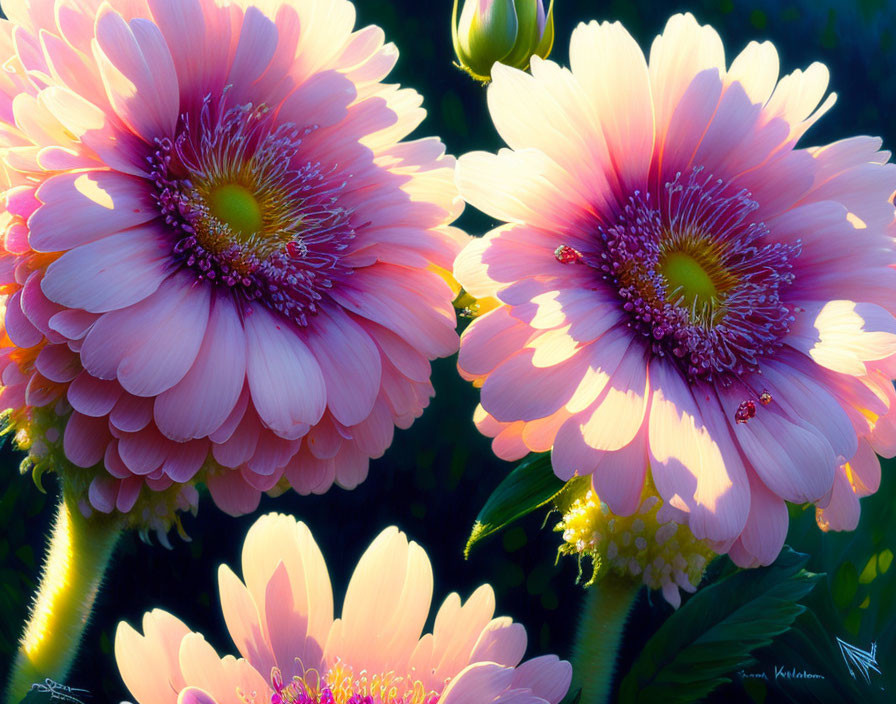 Detailed pink gerbera daisies with backlight and insect.