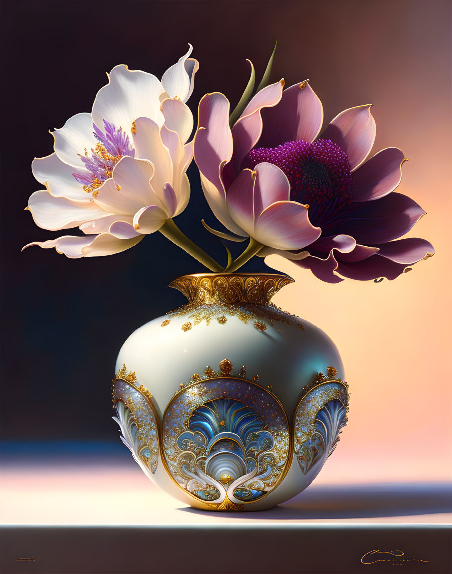 Hyper-realistic white flower illustration in ornate gold-accented vase.