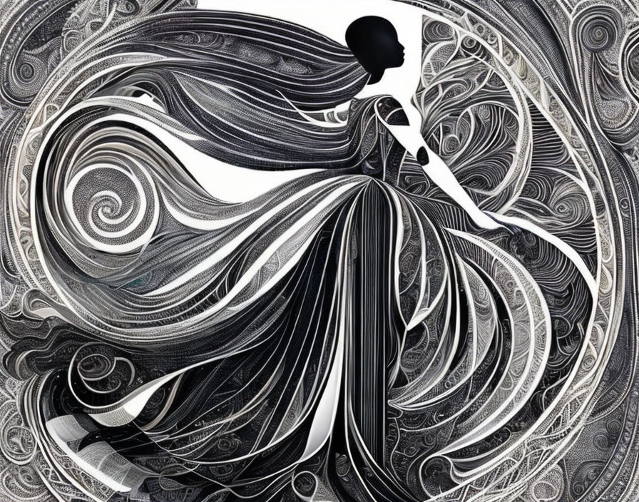 Abstract black and white design with swirling patterns and silhouette of a dancing figure