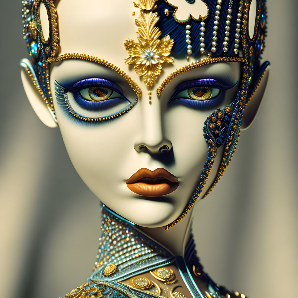 Female Figure Digital Artwork with Ornate Gold and Blue Headpiece