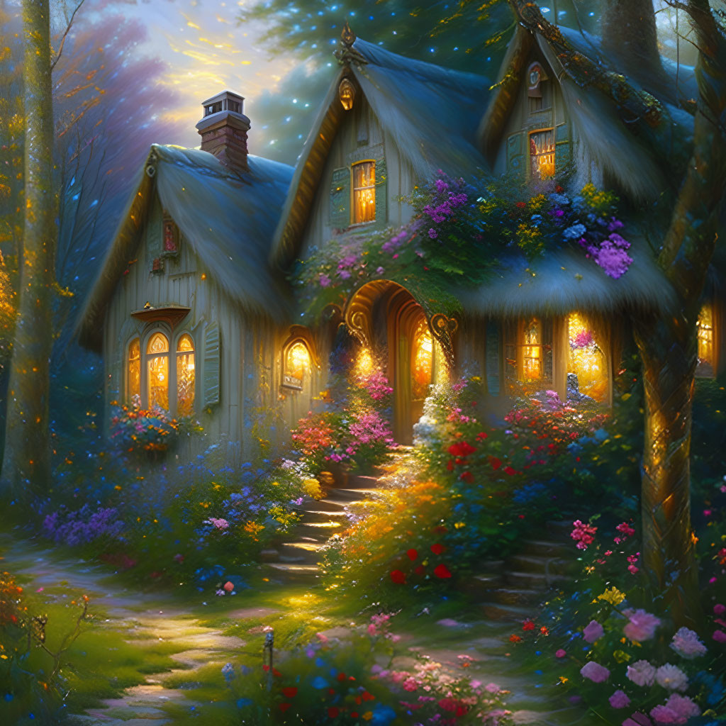 Cozy forest cottage with warm lights and vibrant flowers