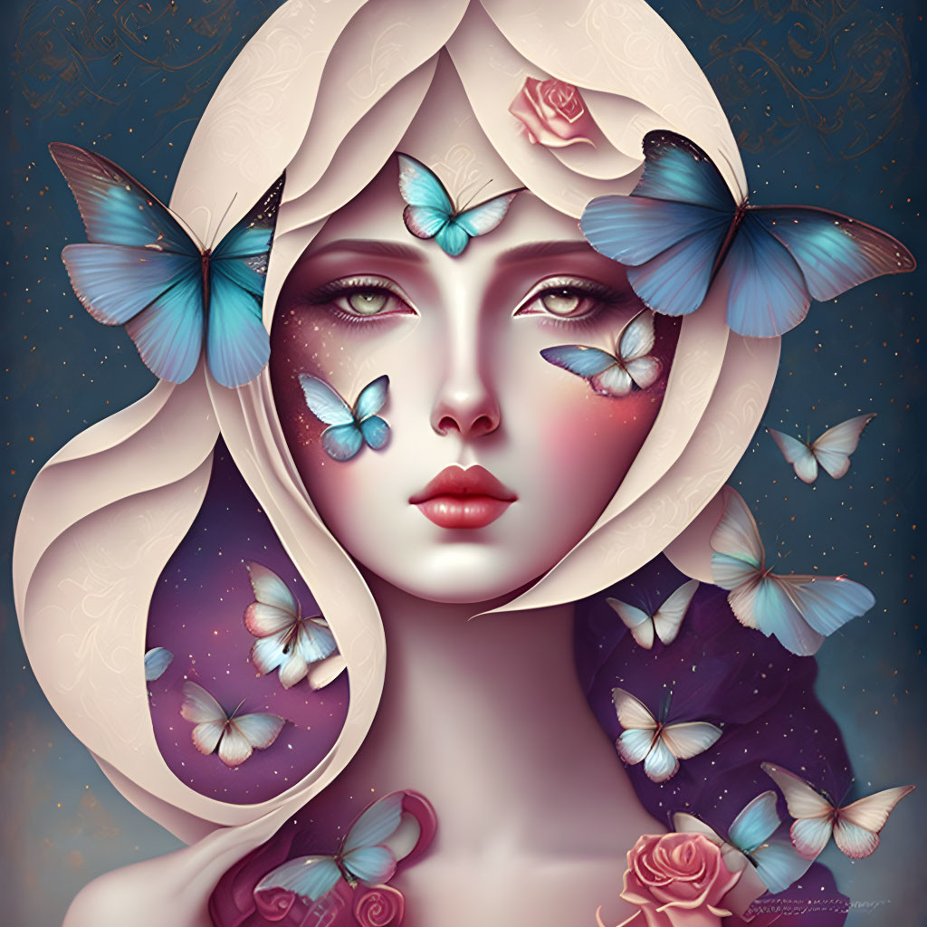 Illustration of woman with pale skin, butterflies, rose in hair, and patterned background