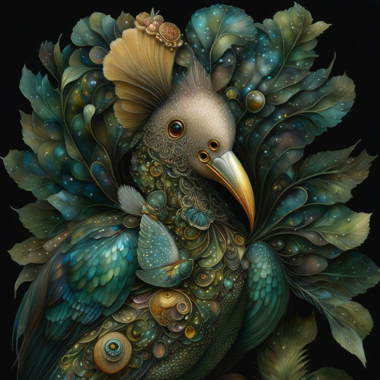 Detailed Artistic Rendition of Peacock in Green & Gold Feathers