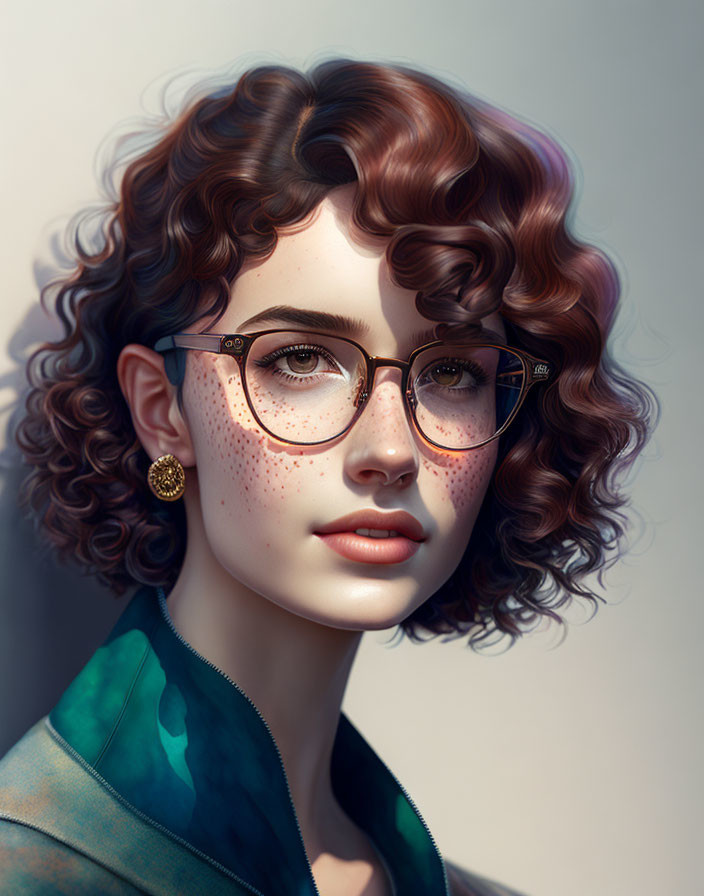 Digital Artwork: Woman with Curly Hair, Round Glasses, Freckles, Green Coat,