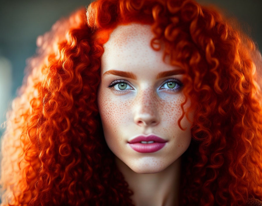 Close-Up Portrait of Woman with Red Curly Hair and Blue Eyes