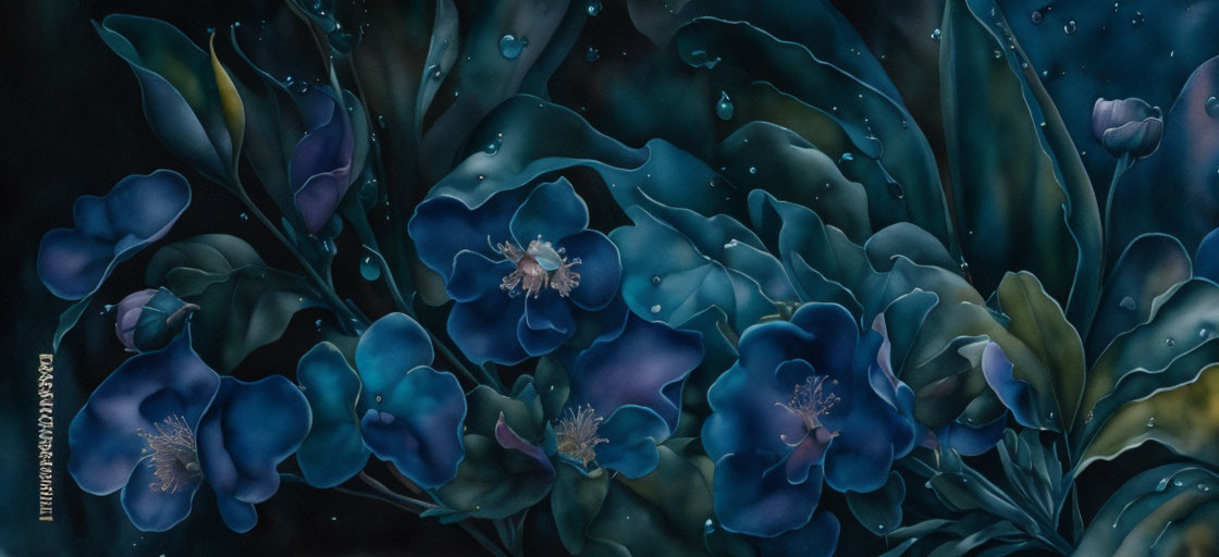 Dark blue flowers with water droplets on serene digital painting