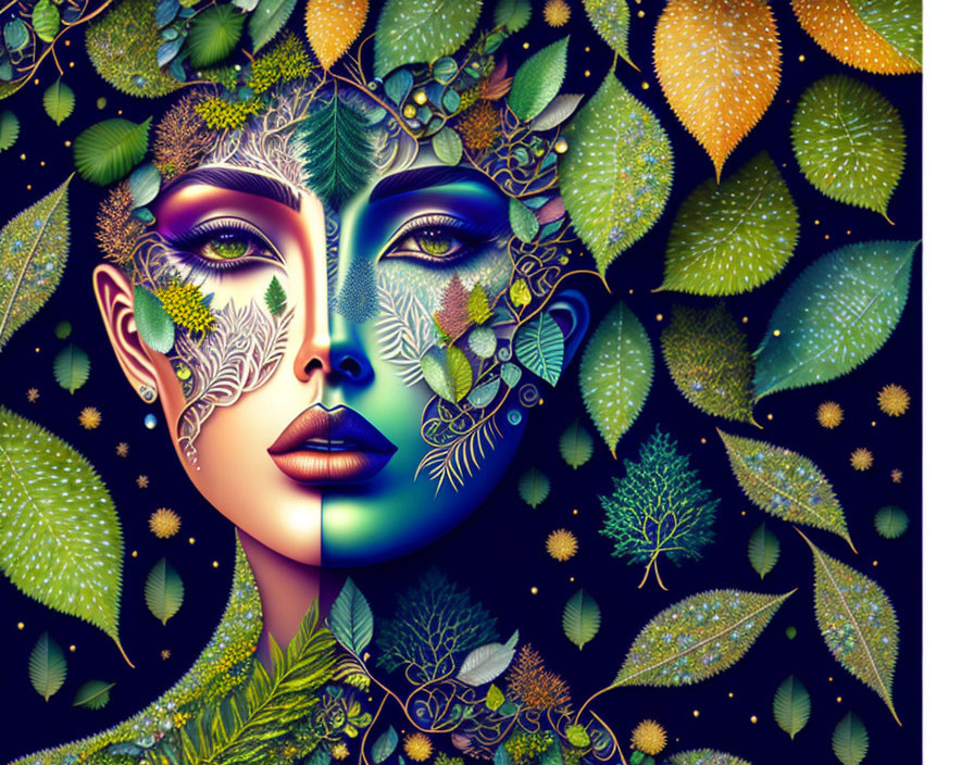 Digital artwork: Woman's face merges with vibrant plants on starry backdrop