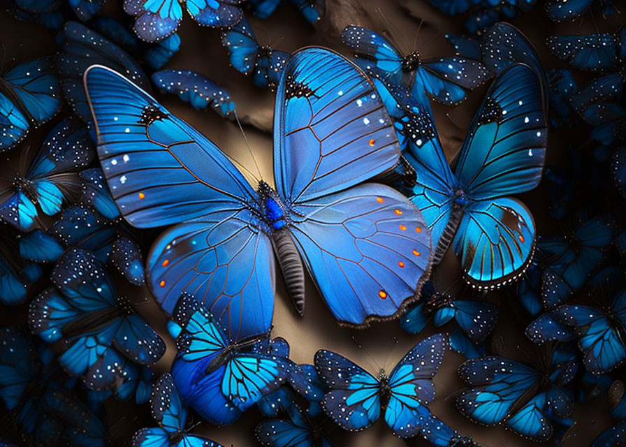 Vibrant blue butterflies with delicate wing patterns congregated together