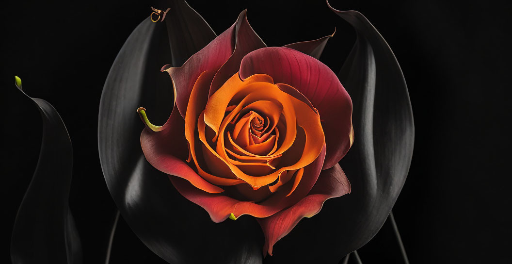 Orange Rose Contrasted with Dark Flower on Black Background