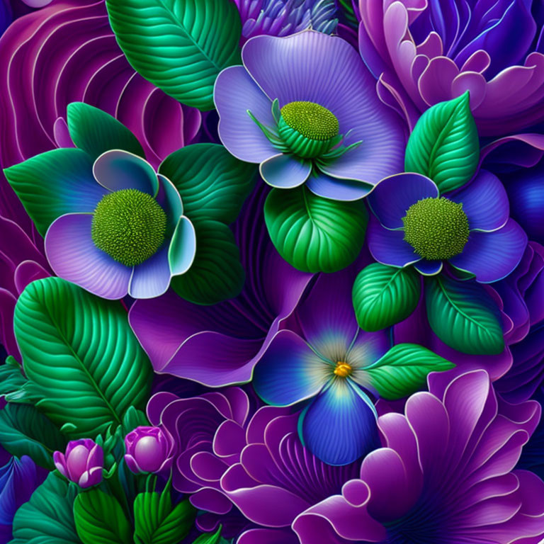 Colorful Botanical Illustration Featuring Purple and Blue Flowers