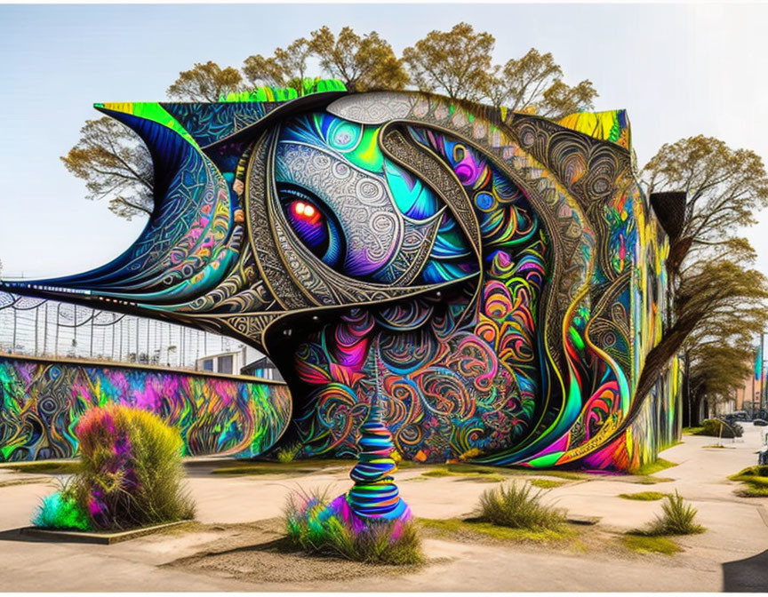 Colorful Psychedelic Eye Mural on Building