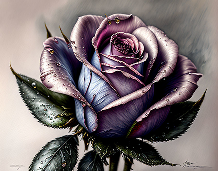 Digitally enhanced purple rose with blue hues and water droplets