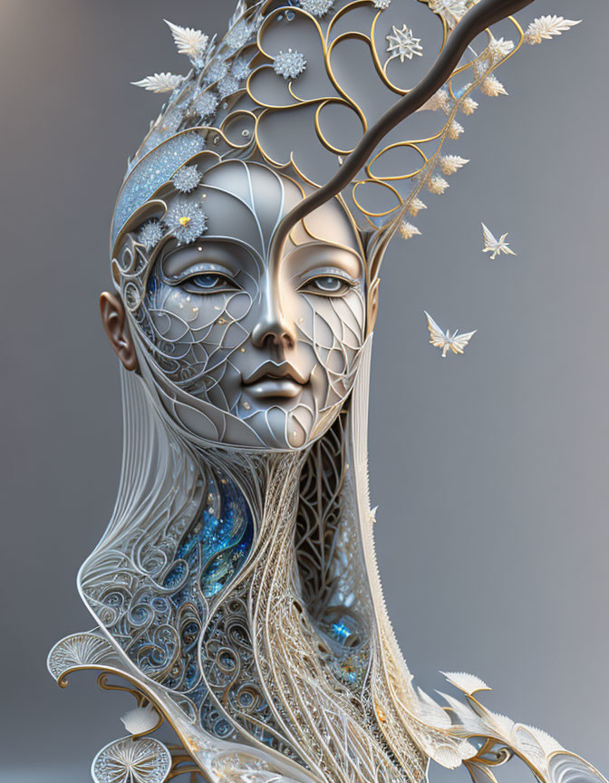 Detailed 3D render of humanoid figure with silver and white botanical designs and butterflies