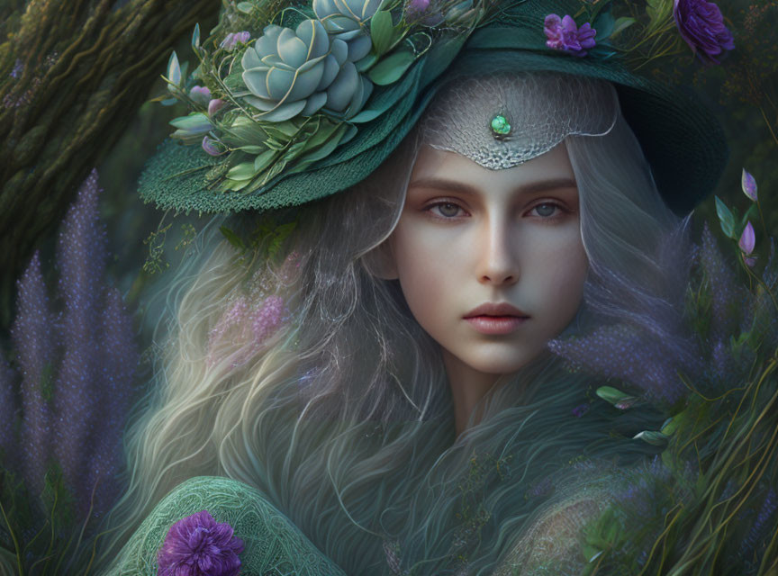 Mystical woman in floral hat surrounded by lush greenery and purple flowers