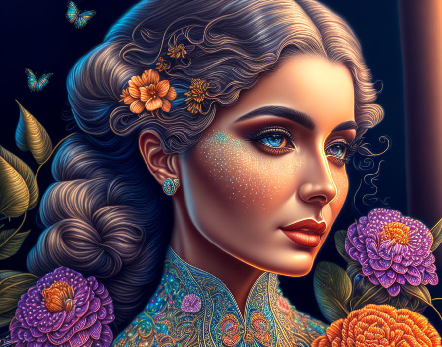 Detailed portrait of woman with vibrant floral and butterfly motifs on dark background