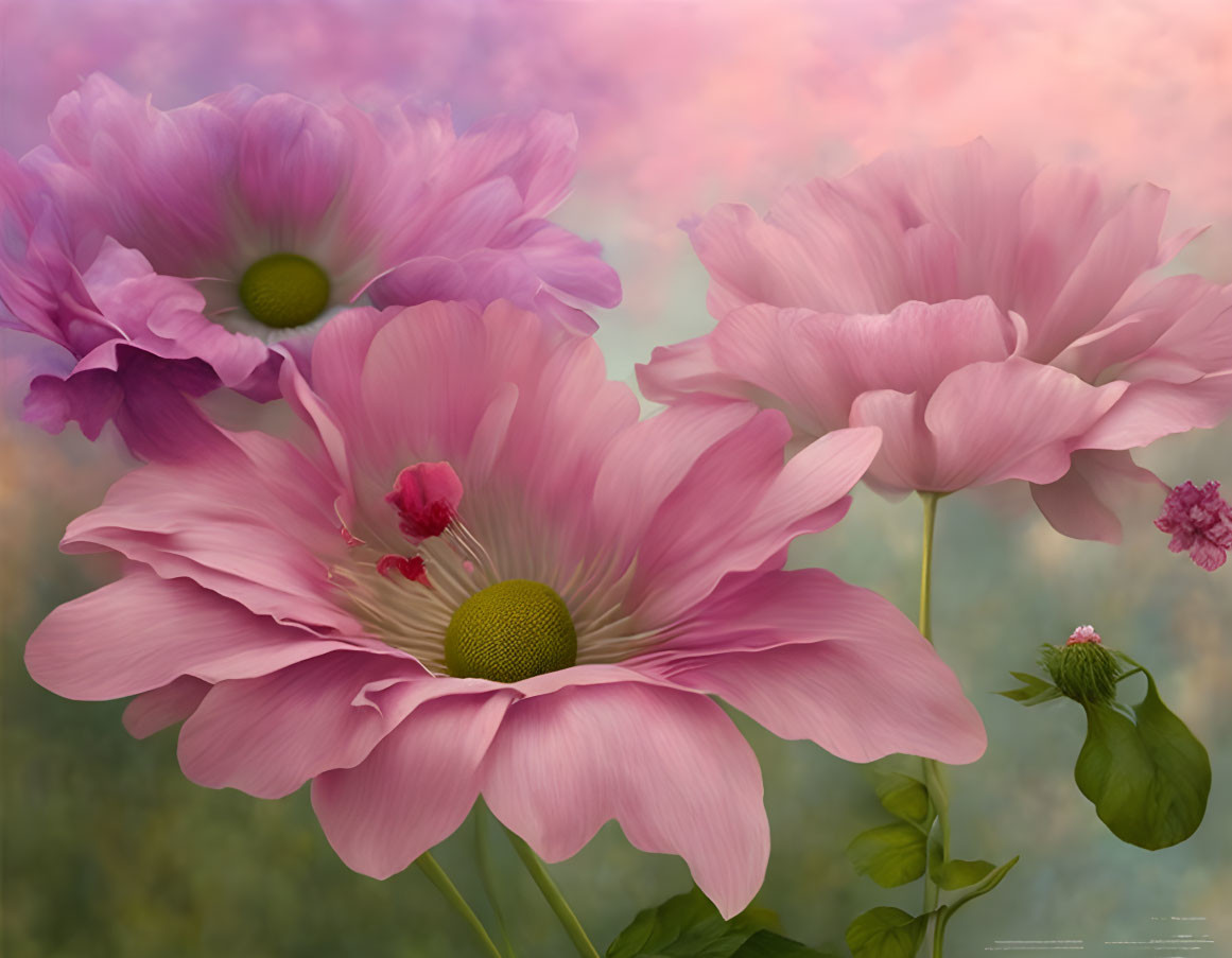 Pink anemone flowers in different stages of bloom on soft pink and purple bokeh.