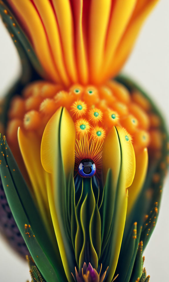 Colorful paper art sculpture of bird with yellow, orange, and green feathers