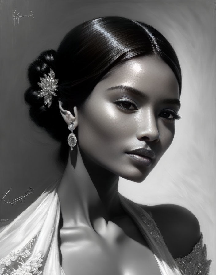 Monochrome portrait of woman with sleek hair and elegant accessories