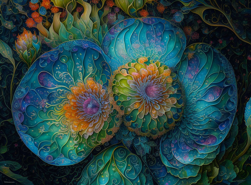 Colorful floral patterns in blue, green, and orange details