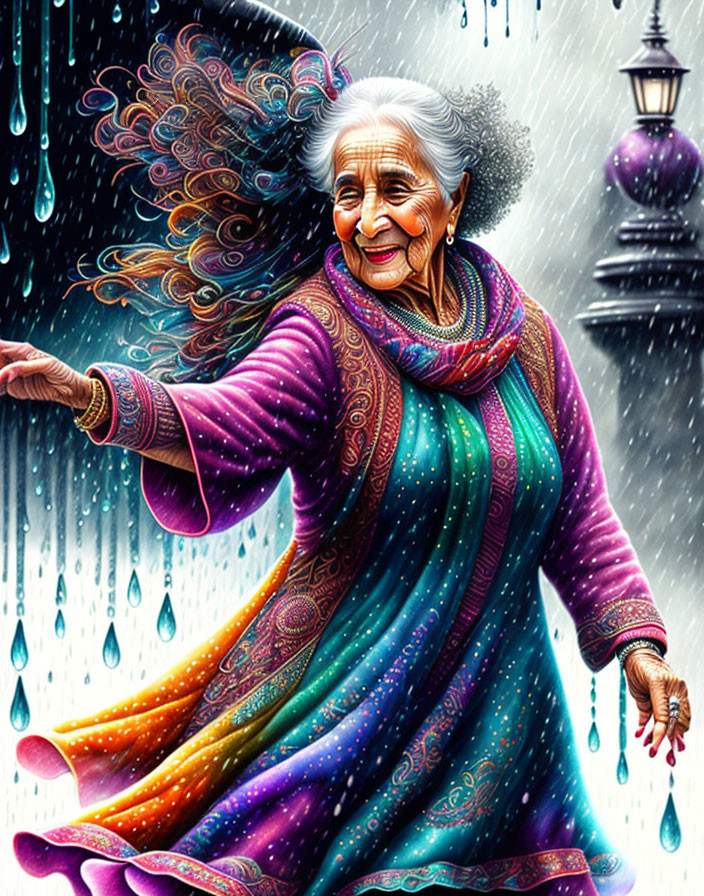 Elderly lady dancing in rain with lantern backdrop