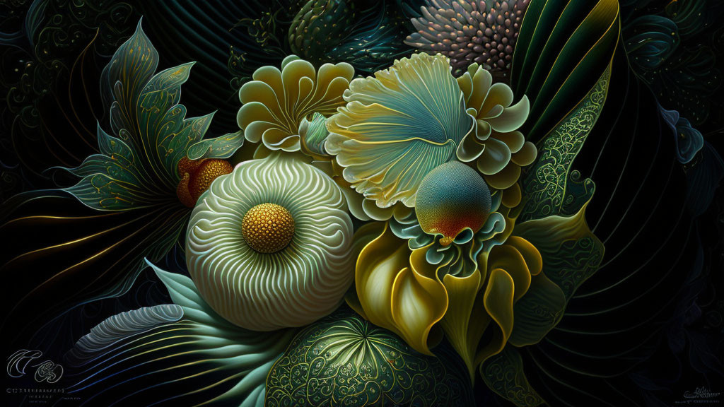 Stylized digital art of vibrant flowers with interplay of light and shadows