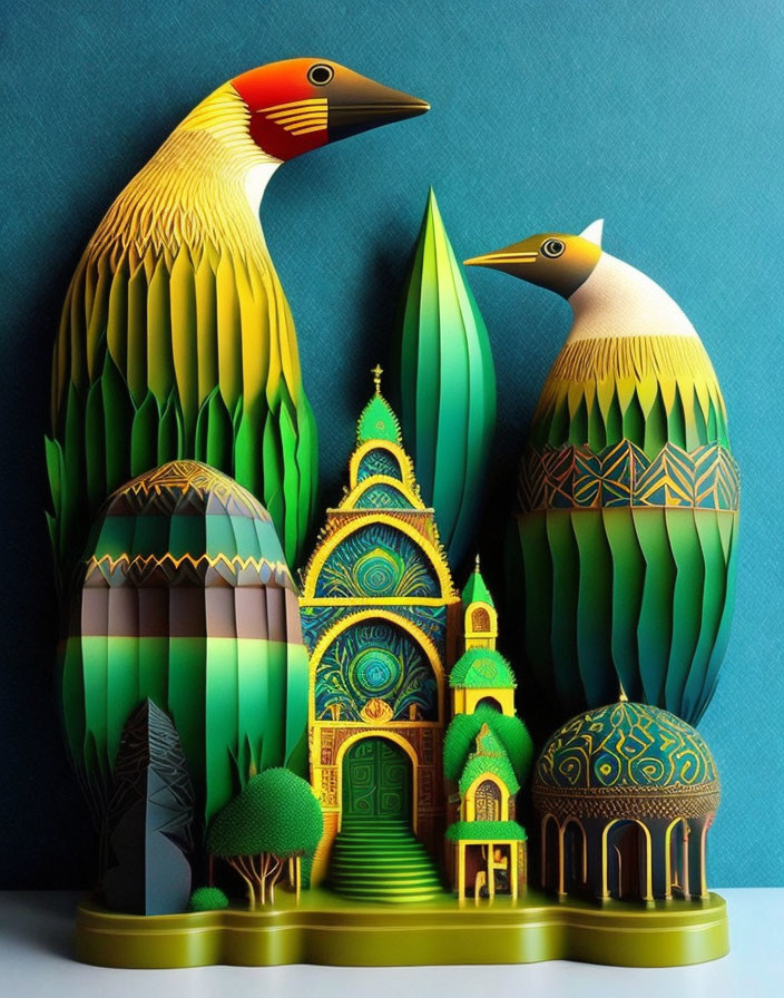 Stylized bird figurines with ornate egg-shaped structures on blue background