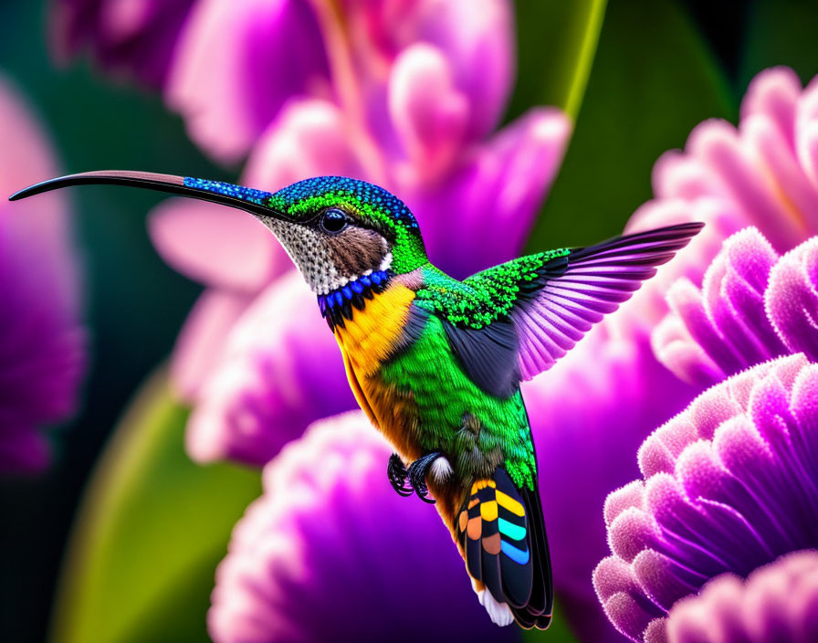 Colorful hummingbird feeding near pink flowers