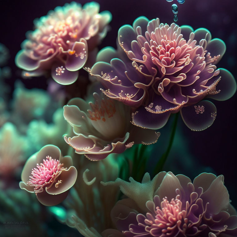 Translucent Purple and Pink Flowers with Bubbles in Underwater Scene