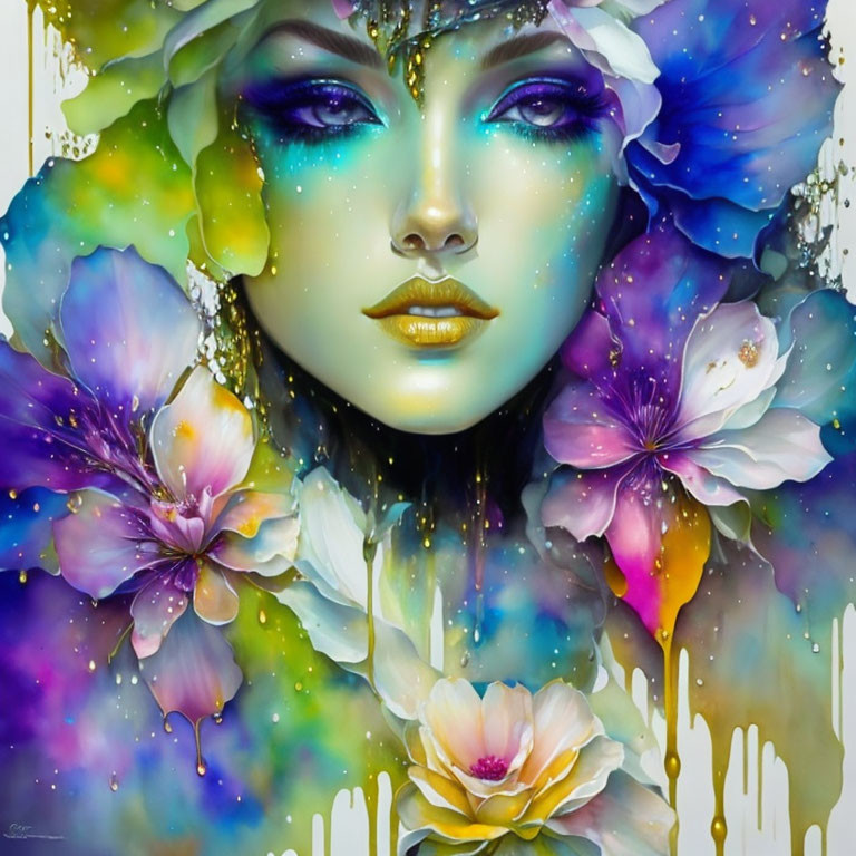 Colorful artwork: Woman's face with blue skin, floral surroundings, dreamlike ambiance