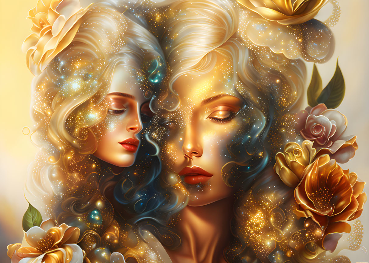 Golden floral hair art - Two women with starry hair