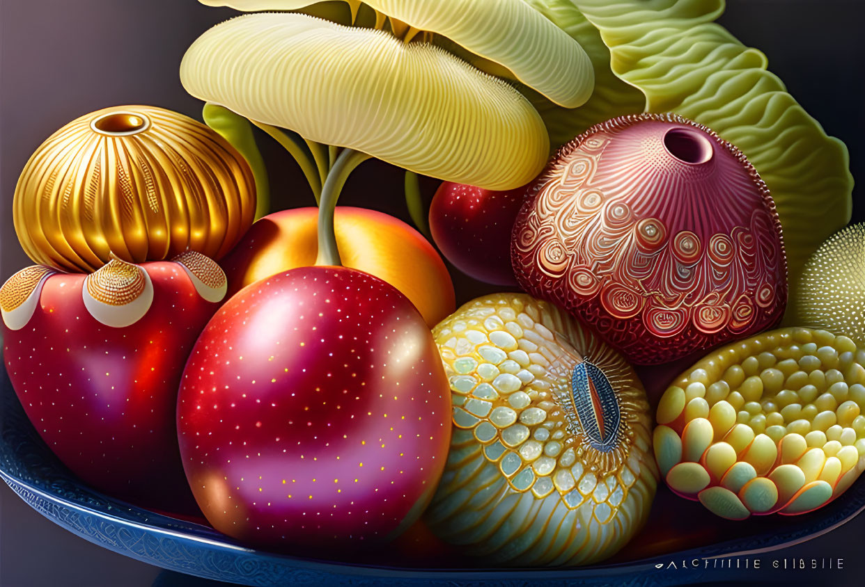 Colorful digital artwork: Ornate bowl with patterned spheres in vibrant hues.