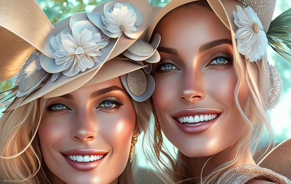 Elegant women in hats with white flowers and feathers, smiling brightly