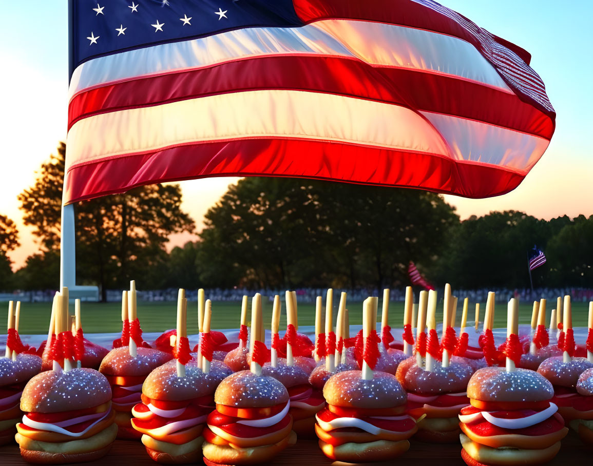 Patriotic cupcakes with US flag design under waving American flag